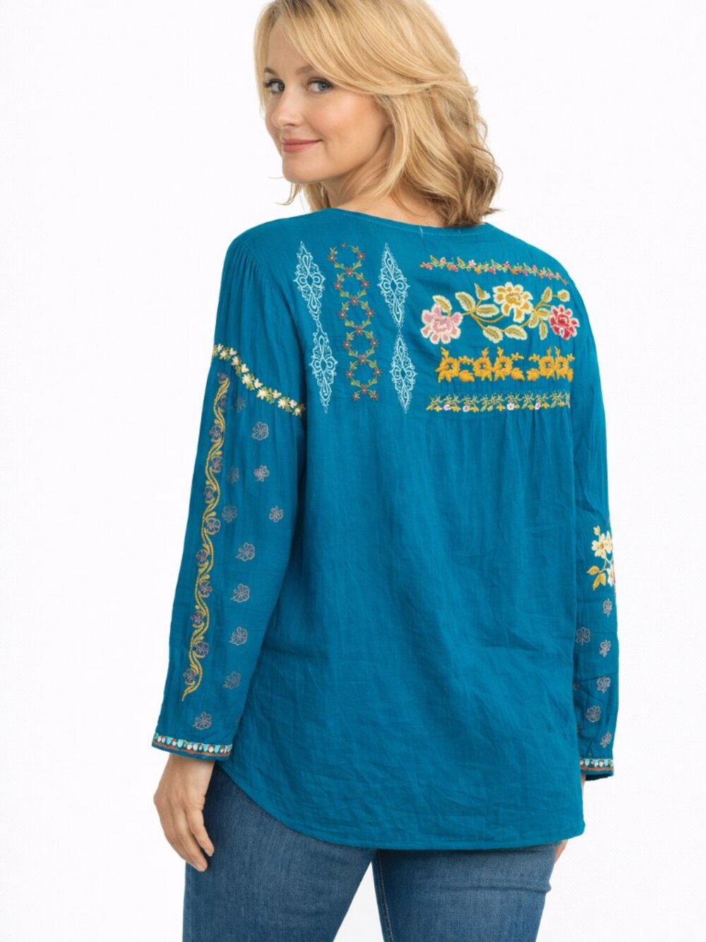 JOHNNY WAS Turquoise Embroidered Floral Button Down Long Sleeve Blouse Women's L